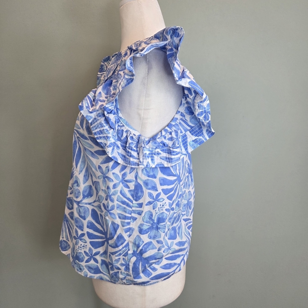 Crown & Ivy Blue White Floral Print Flutter Sleeve Cotton Blouse Size M - Picture 4 of 8